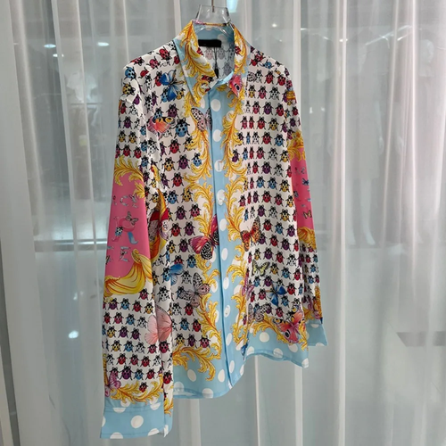 Button Down Shirt Men Fashion Color Mix Print Summer Long Sleeve Casual Shirts - Picture 4 of 13