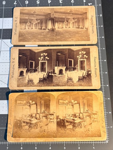 1880er WEISSES HAUS Innenraum Washington DC antikes STEREOVIEW FOTO Lot von 3
