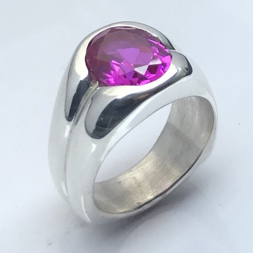 ANELLO UOMO MJG ARGENTO STERLING. 12x10 mm ZAFFIRO ROSA OVALE CREATO IN LABORATORIO. Taglia 9. - Foto 3 di 7