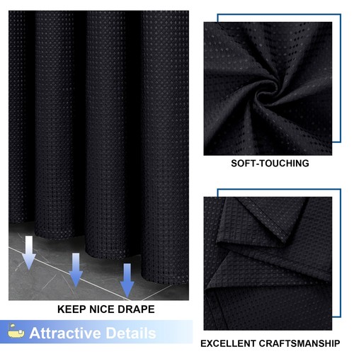 Black Shower Curtain Set Waffle Textured Heavy Duty Fabric Shower Curtain for B - Picture 7 of 8