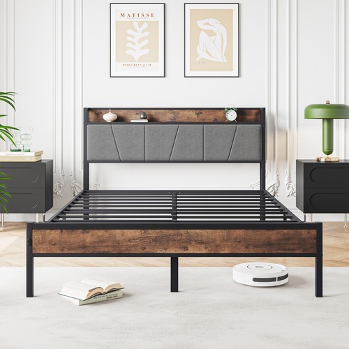 Queen Size Metal & Wood Bed Frame, Storage Headboard with Charging Station - Picture 3 of 9