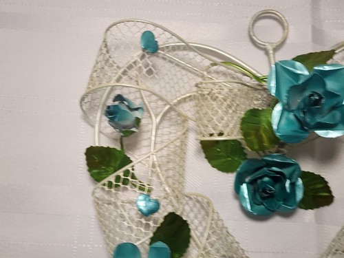 Vintage Silber Metallgeflecht Draht Herz Metalic Blau Grün Rosen Blume Shabby Chic - Bild 4 von 16