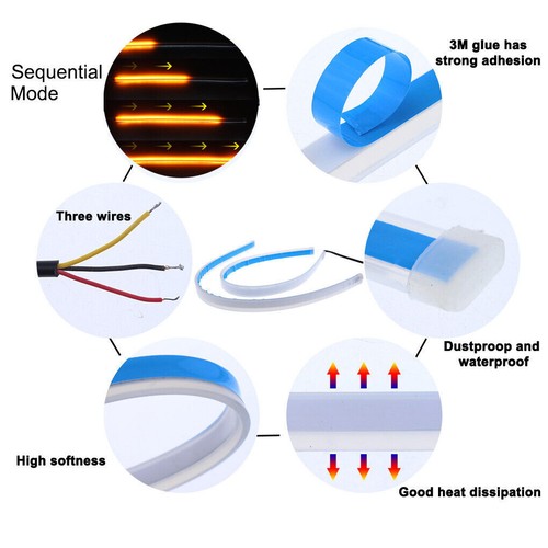 2x 30CM Amber White Sequential Flexible LED DRL Turn Signal Strip Headlight - Picture 2 of 8