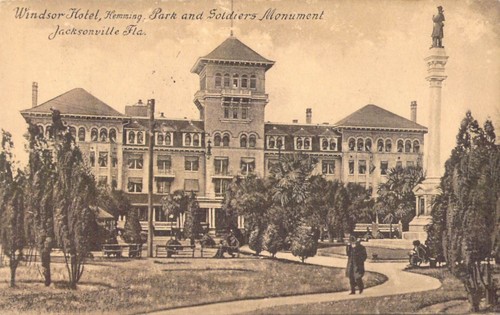 Vintage Postkarte Windsor Hotel Hemming Park & Soldaten Denkmal Jacksonville Florida