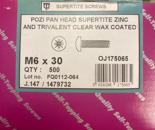 POZI PAN HEAD SUPERTITE ZINC TRAVALENT CLEAR WAX COATED M6 X 30 QTY 500 - 第 2/2 張圖片