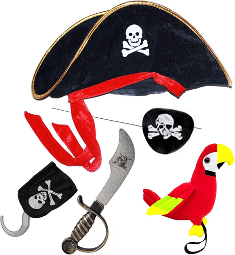 Kids Pirate Hats Set with Eye Hook Patch Toy Plush Parrot & Sword Halloween Hat