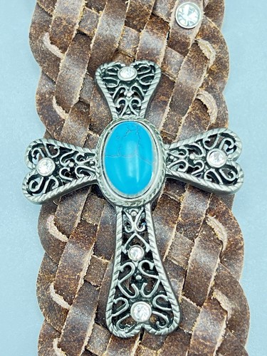 Braided Genuine Leather 456B Bracelet Western Turquoise Cross Silver Rhinestone - Picture 4 of 14