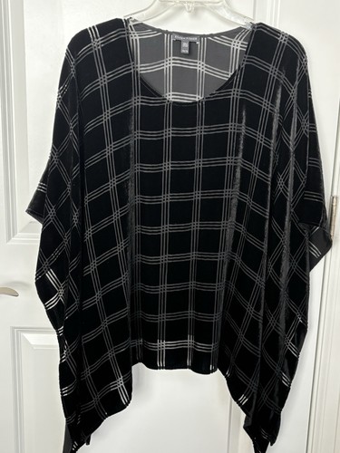 Eileen Fisher  Black Velvet Plaid Burnout  Poncho One Size - Picture 3 of 6