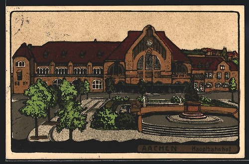 Steindruck-AK Aachen, Denkmal am Hauptbahnhof 1913