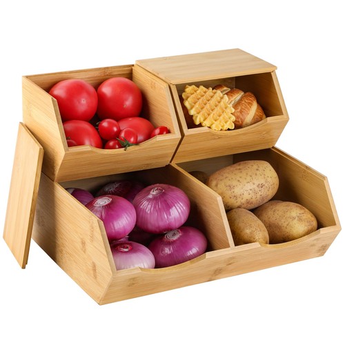 Bamboo Pantry Storage Bins with Lid - Stackable Baskets, Potato and Onion Sto...