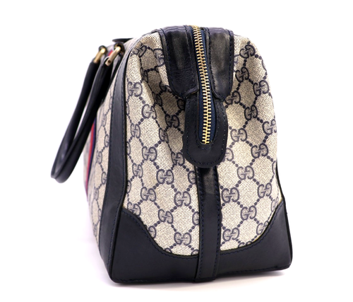 Gucci Vintage Bag Handbag Boston Purse Sherry GG Supreme Navy - Authentic - Picture 4 of 23