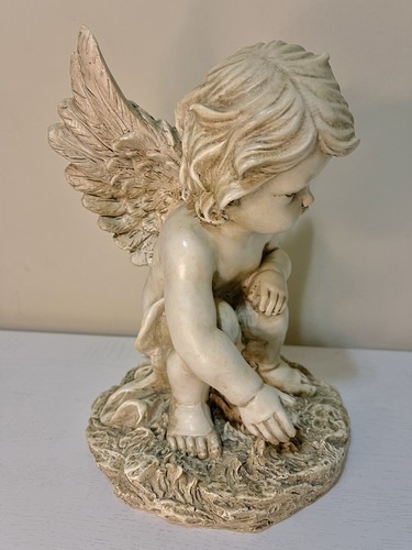 9” Tall Collectible Sitting Cherub Angel Child Resin Outdoor Patio Garden Statue - Picture 7 of 10