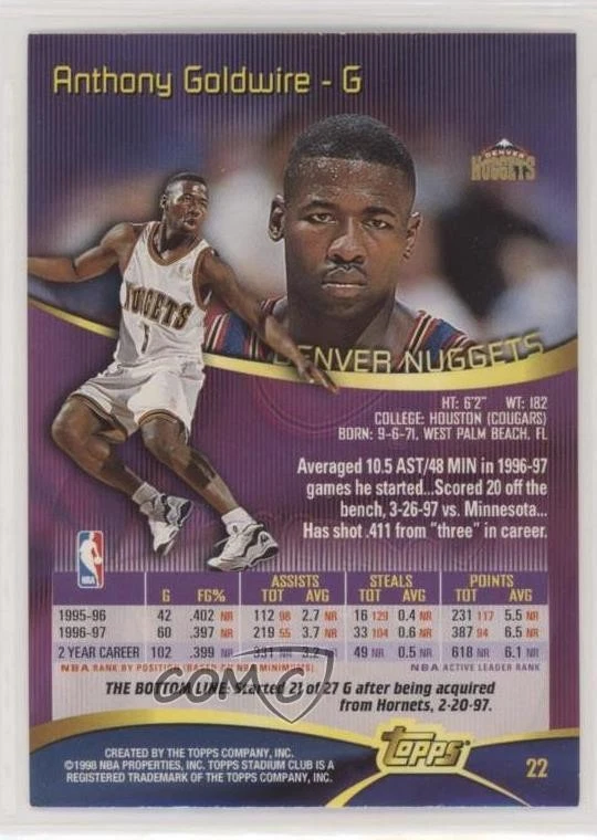 1997-98 Topps Stadium Club Anthony Goldwire #22 - Image 2 of 2