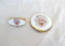 Vintage STRATTON LONDON Floral Power Compact & Mirror Lipstick Holder set