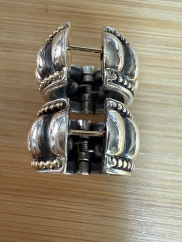 Vintage Lagos Caviar Sterling 925 & 18K YG Beaded Fluted Silver Huggie Earrings - Picture 4 of 18