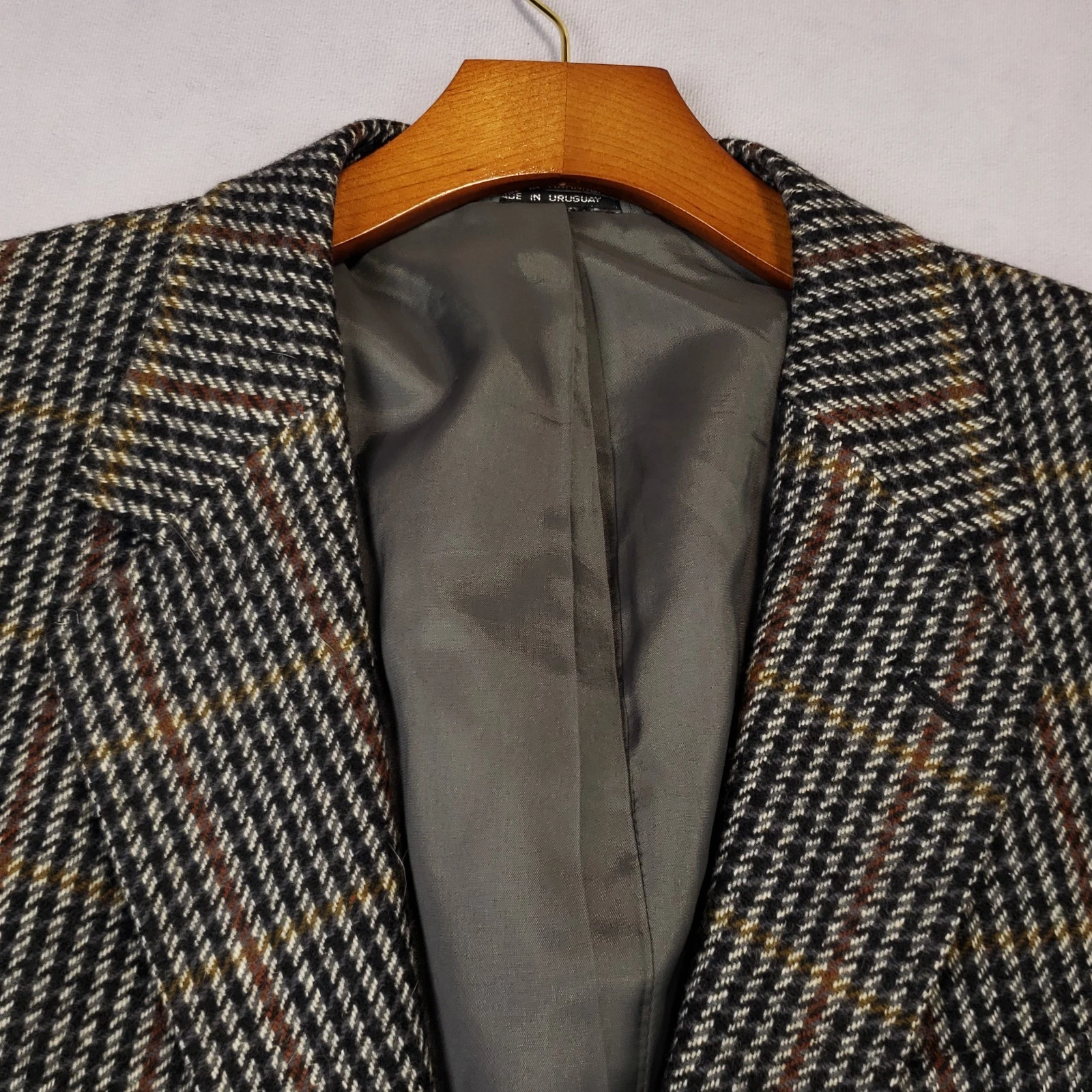 Hill & Archer Vtg Tweed Blazer Men's 46R Slim Wool Plaid Leather Buttons 2 Btn