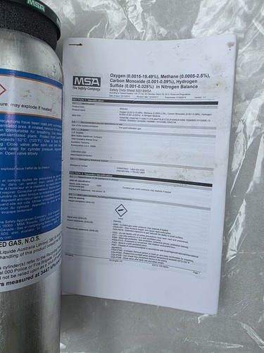 MSA Calibration Cylinder Gas 34 L CH4-2.5% O2-15% CO-60 PPM H2S-20 PPM - Picture 5 of 5