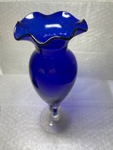 Jarrón pedestal azul cobalto soplado a mano vintage y raro, inusual base aplicada - Imagen 5 de 8