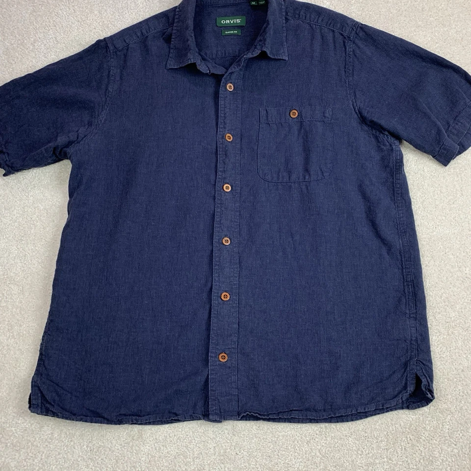 Camisa Orvis Para Hombres Talla Mediana Calce Clásico Abotonada Mezcla Cáñamo Azul Foto 4 de 4