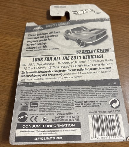 2011 Hot Wheels '67 SHELBY GT-500 MUSTANG - #101/244 Muscle Mania - Red NIP H574 - Picture 2 of 2