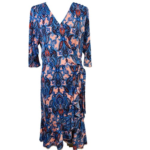 Kiyonna 1 Wrap Dress Paisly Print Asymmetric Midi Ruffle 14 Stretch USA  Made - Picture 1 of 9