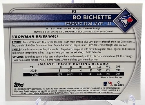 2025 Bowman Chrome Bo Bichette #92 Mojo Refractor & Base Blue Jays. - Picture 6 of 6