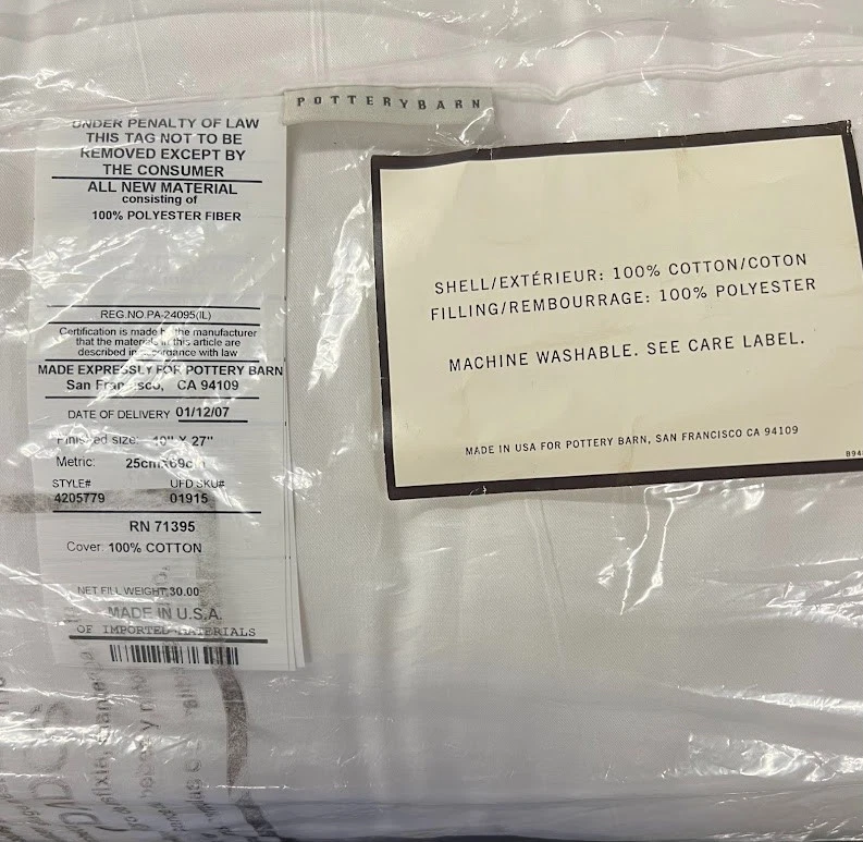 POTTERY BARN BOLSTER, 10” X 27” estilo de inserção de travesseiro branco 4205779 - Imagem 2 de 3