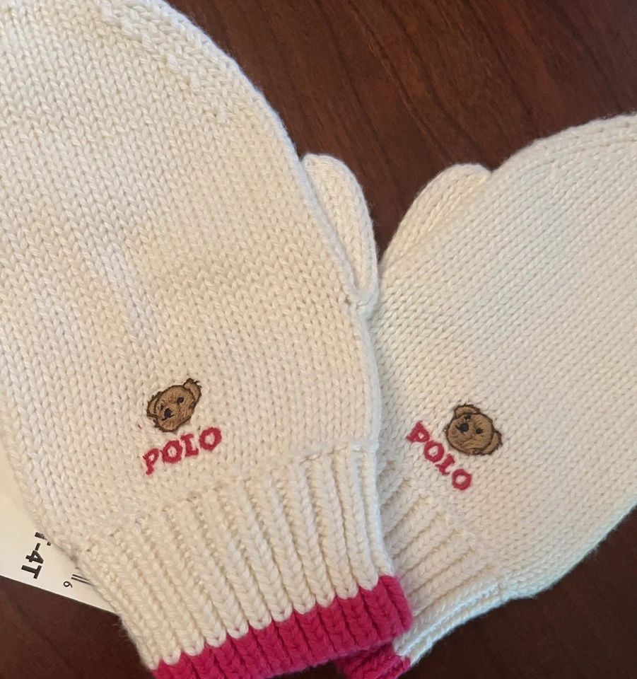 全新带标签 女孩 RALPH LAUREN POLO BEAR 尺寸 2T-4T MITTENS — 第 3/4 张图片