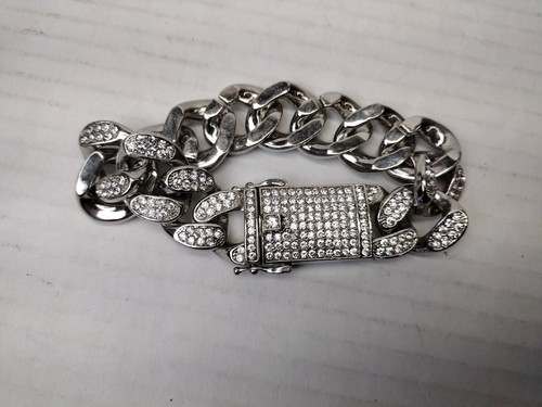 Miami Cuban Link Bracelet Silver Tone Solid Heavy Full Of Rhinestones Hip Hop - Picture 8 of 10