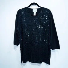 Vintage The Quacker Factory Black Square Sequin Cotton T-Shirt Size Large