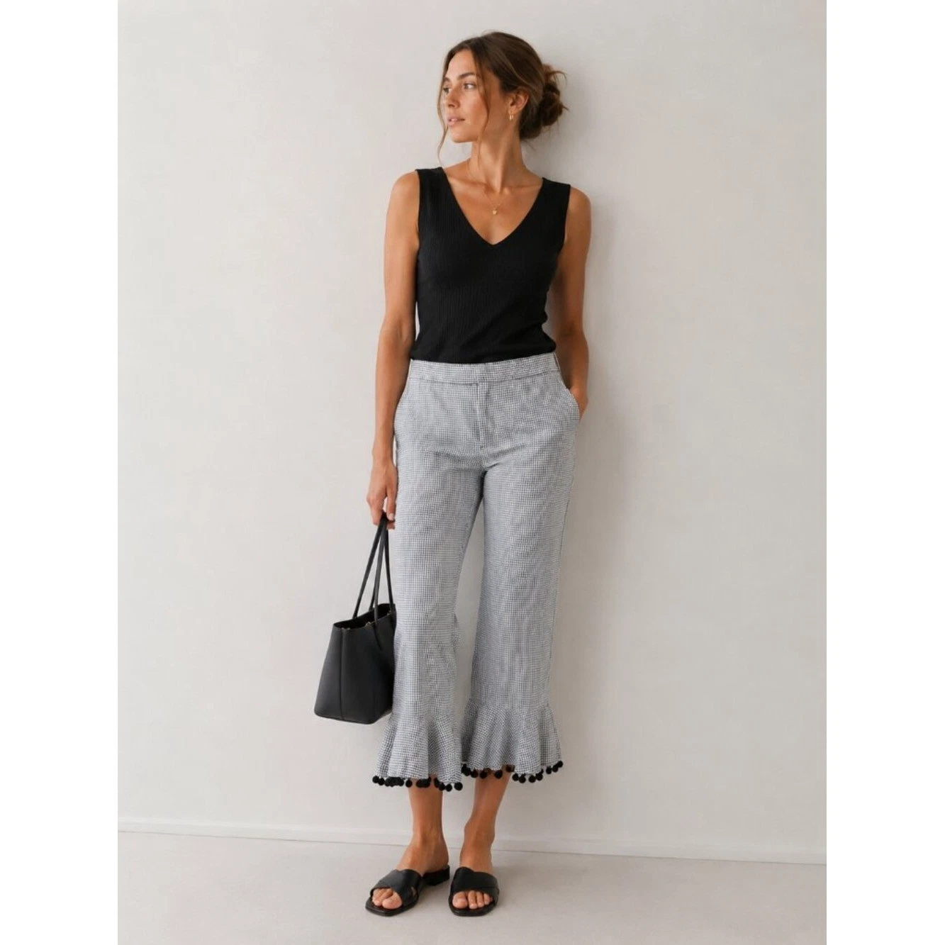 ZARA Gingham Cropped Pants Pom Pom Hem Capris Cropped Flare Euro Summer Vacation