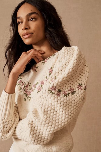 Anthropologie LoveShackFancy Kenzly Embroidered Pullover Sweater Ivory sz M - Picture 2 of 11