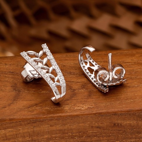 925 Silver Leaf Design Hoop Earrings Nature Inspired Openwork Hoops with CZ - Picture 7 of 8