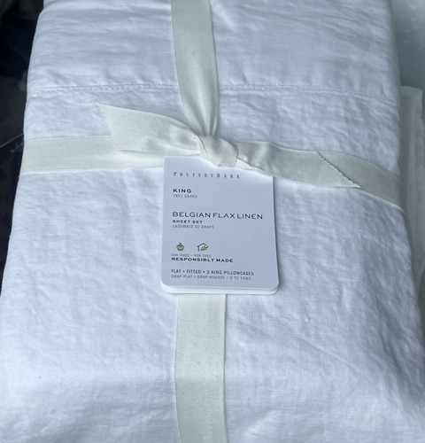 NUEVO POTTERY BARN Juego de sábanas tamaño KING de lino belga y lino en blanco - Imagen 4 de 7