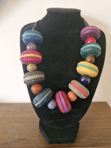 Retro Chunky Multi Colour & Shape Beaded Black Cord Necklace-68cm Long-Bohemian