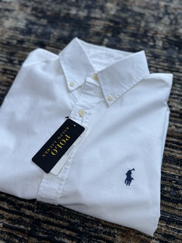 Camisa Polo Ralph Lauren Oxford Blanca 100% Algodón Con Botones Calce Ajustado Mediana - Imagen 12 de 16