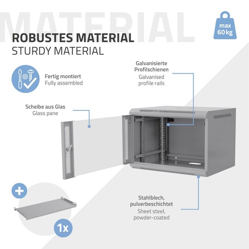 Armadio di rete 19" 7U montaggio a muro vetro bloccabile capacità 60 kg grigio - Zdjęcie 6 z 10