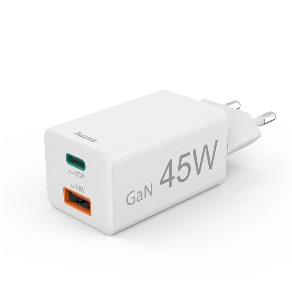 Hama Handy Ladegerät Schnellladegerät 1x USB-C 1x USB-A 45W PD Netzteil Adapter - Bild 2 von 4