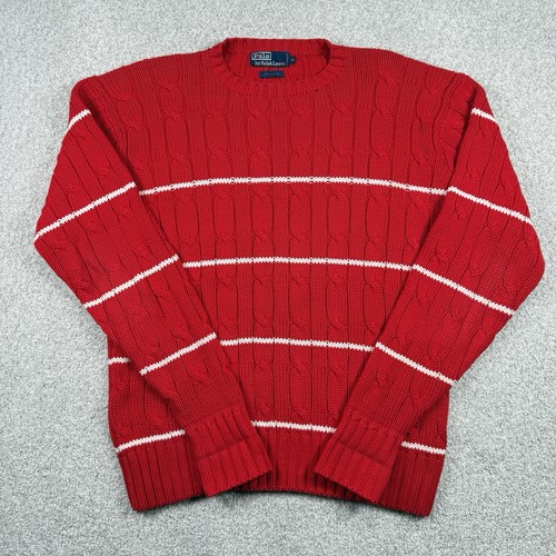 Men's Polo Ralph Lauren Cable Knit Sweater Crew Medium Red White Stripe - Picture 2 of 5