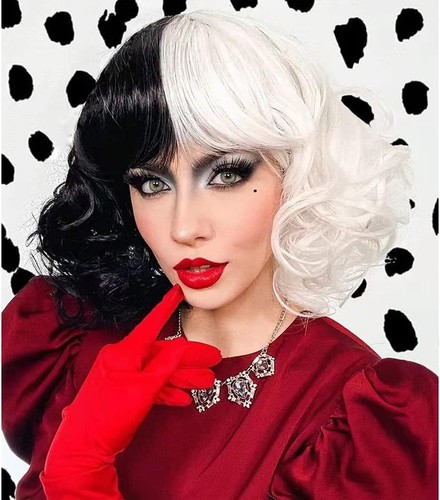 Crudelia Parrucca Dalmazioni Vestito Fantasia Parrucca Donna Halloween Costume Carino Deville - Foto 3 di 8