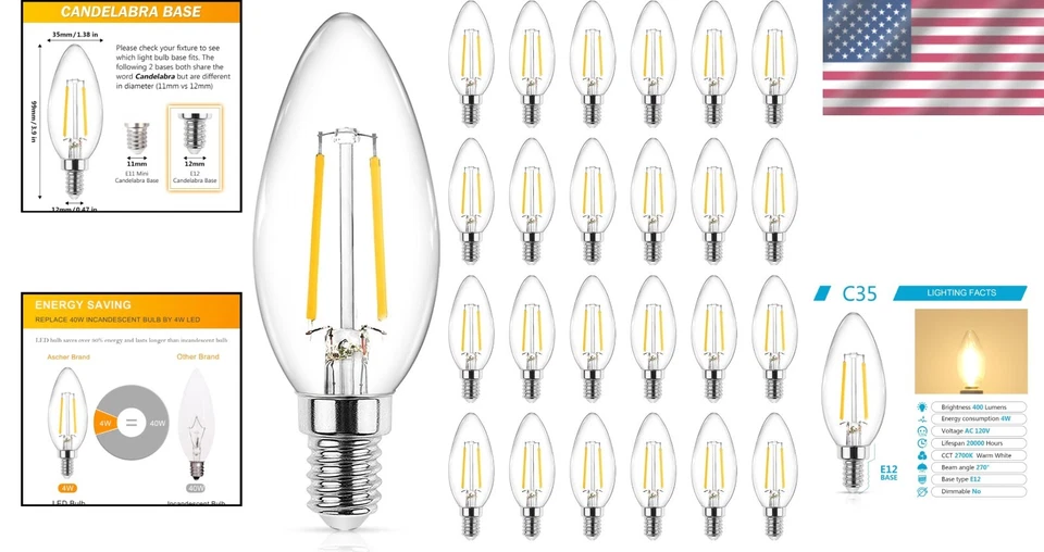 Non-Dimmable E12 LED 40W Equivalent Candelabra Bulb, 24-Pack - Image 2 of 4