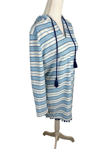 NWOT Cabana Life Jewel Bay Stripe Hooded Coverup Size Small Tassels Blue White - Picture 10 of 10