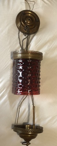 Antique CRANBERRY Glass & Brass Hanging Oil Lamp - Large, Rare & Very Nice! - Picture 3 of 11