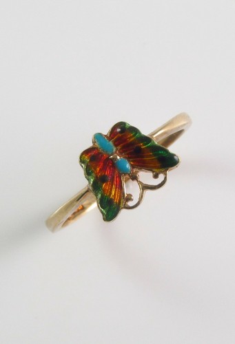 Vintage Estate Damen 14k Gelbgold Polychrom Emaille Schmetterlingsring Größe 6,25 - Bild 4 von 10