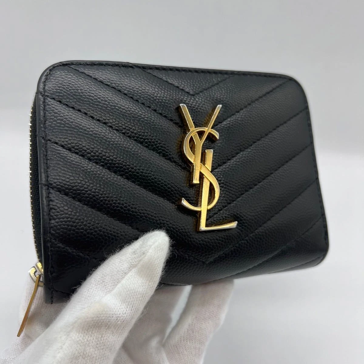 Saint Laurent Paris YSL Compact Fold Wallet Black Gold Logo Ladies