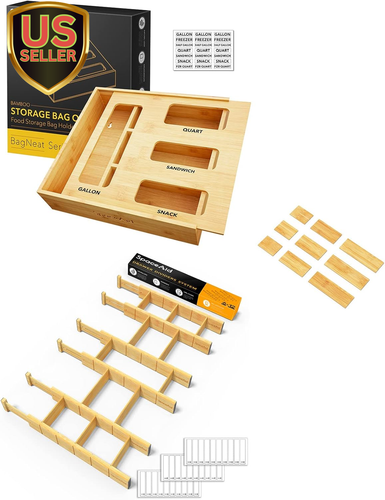 Bag Storage Organizer for Kitchen Drawer, (1 Box 4 Slots) Bamboo Drawer Divid... - Picture 2 of 12