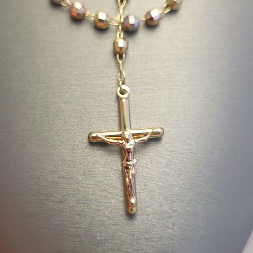 14K Tri-Color Gold Rosary Chain with Crucifix Pendant | 13g | 20" | 3.9mm - Picture 5 of 5