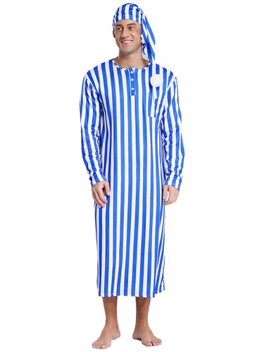 Mens Striped Sleep Robe Long Sleeve Robe Arabian Muslim Pajamas Nightwear Hat - Bild 14 von 83