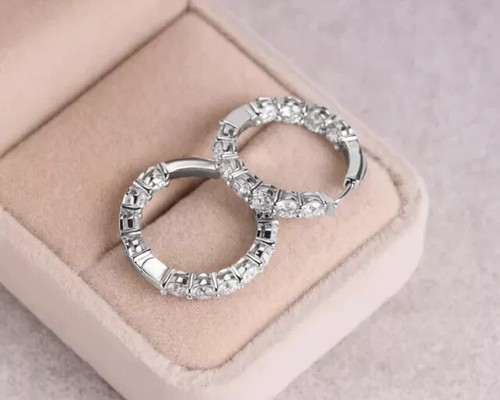 14K White Gold Plated 2Ct Round Cut Lab Created Diamond Huggie Hoop Earrings - Picture 3 of 4
