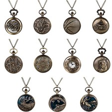 Vintage Bronze Tone Quartz Analog Pocket Watch Pendant Necklace Chain for Gift